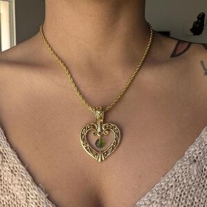 Gold Premier Designs Heart Filigree Pendant Necklace with Green Gem